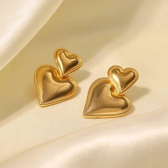 24K Gold Double Heart Earrings*Waterproof*Sweatproof* - Picture 6 of 7